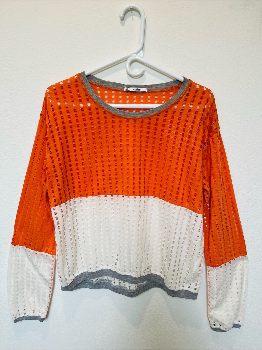 Griffin ParidOrange and White Lightweight  Open-Knit Pullover Unisex Top